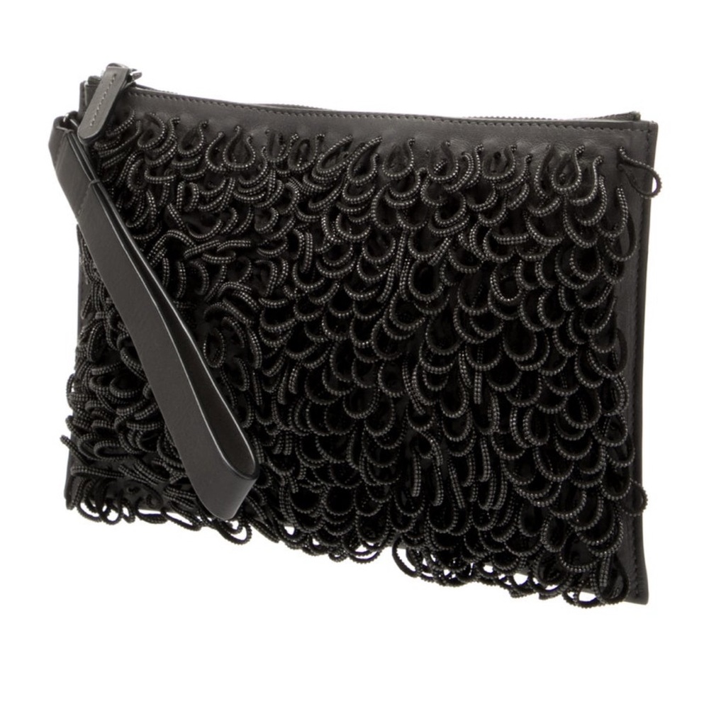 Brunello Cucinelli leather clutch with wrist wrap grayishblack w monili accents